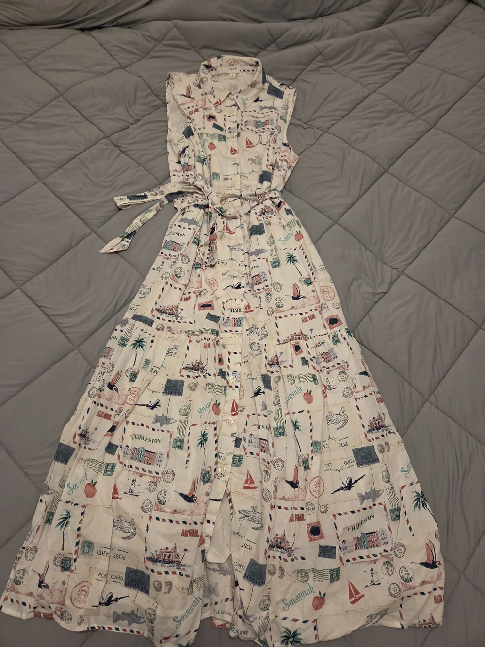J. Crew White Sleeveless Travel-Print Maxi Dress with Tie Waist